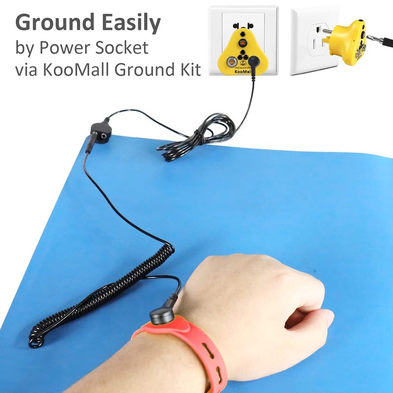KooMall 48 x 24 Inch ESD Rubber Mat Kits, Anti Static Table Floor Pad for Electronic Device Repair Solder Assembly PC Building, W/H Grounding Kit- Antistatic Wrist Straps Bracelets Cord Plugs, Blue - Image 2